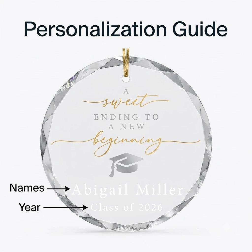Personalization instruction card showing text input fields for custom names, dates and year on glass ornament