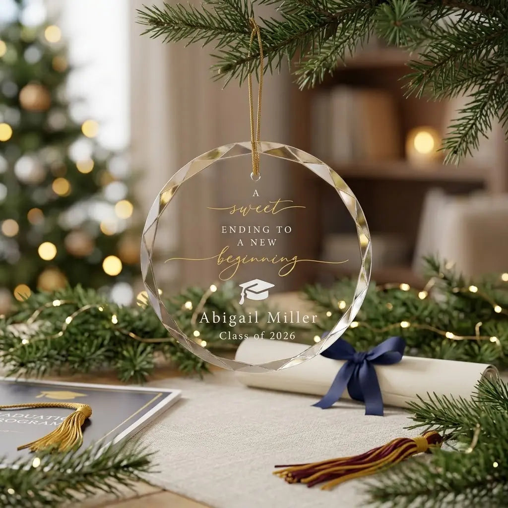 Cozy Christmas holiday scene displaying the custom transparent glass ornament hanging near mantel decor