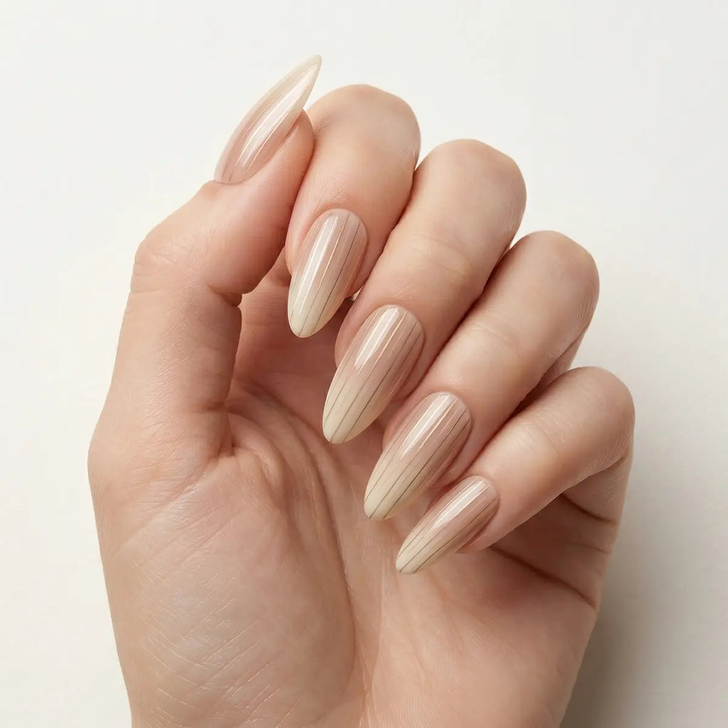 tan nude almond long press on nails vertical stripe flat lay 01