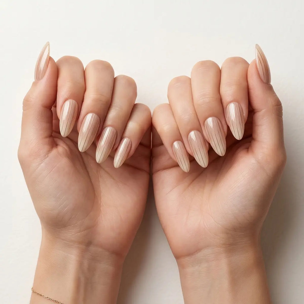 tan nude almond long press on nails vertical stripe flat lay 02