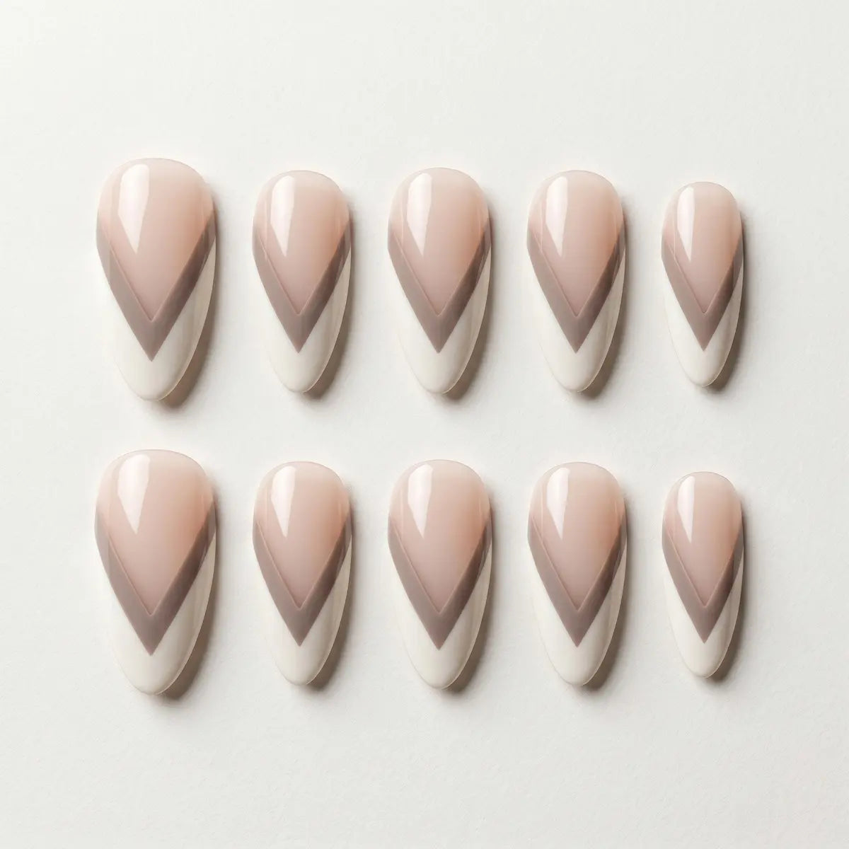 taupe grey v french tip almond long press on nails minimal mockup 01