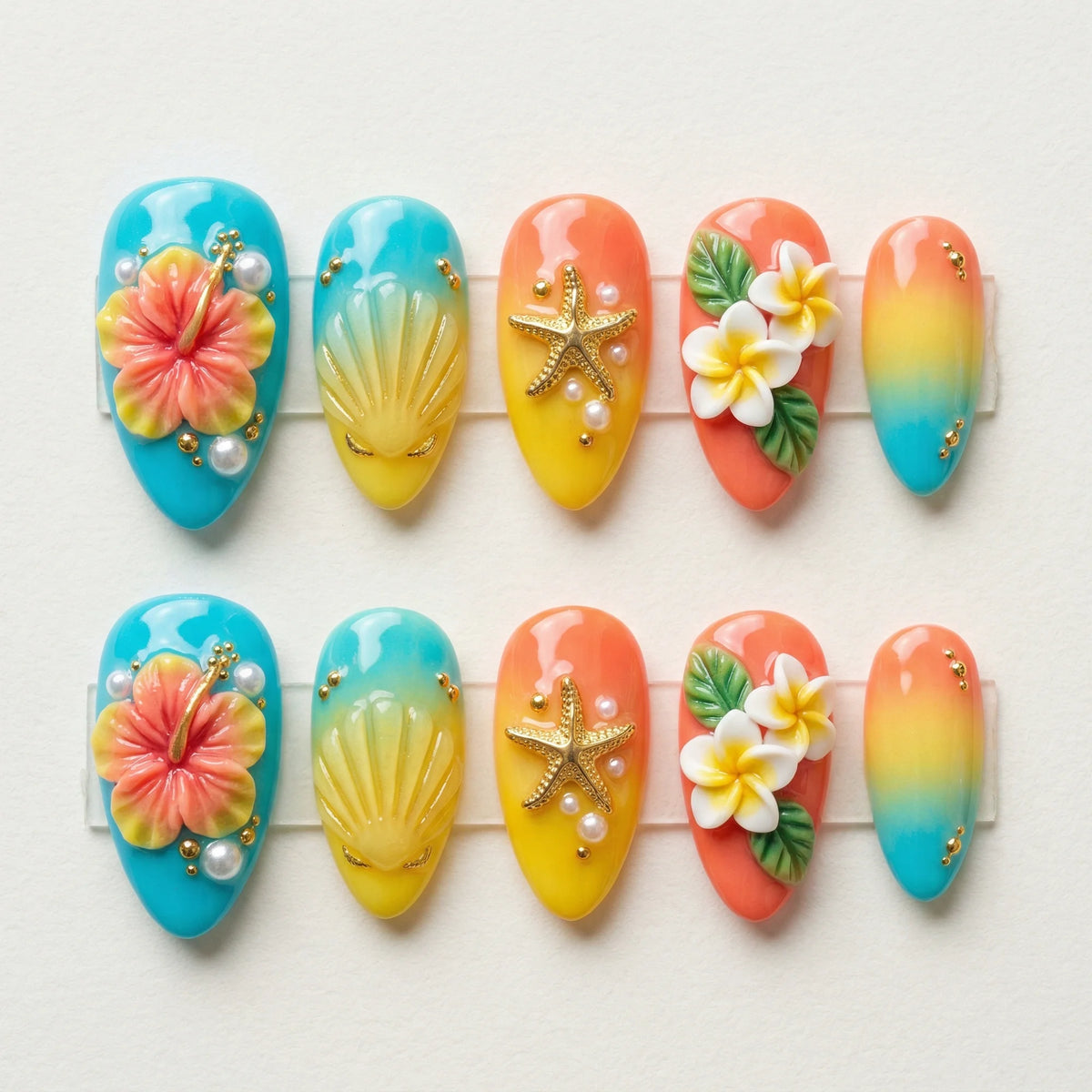 teal 3d almond medium press on nails hibiscus orange seashell flat lay 01