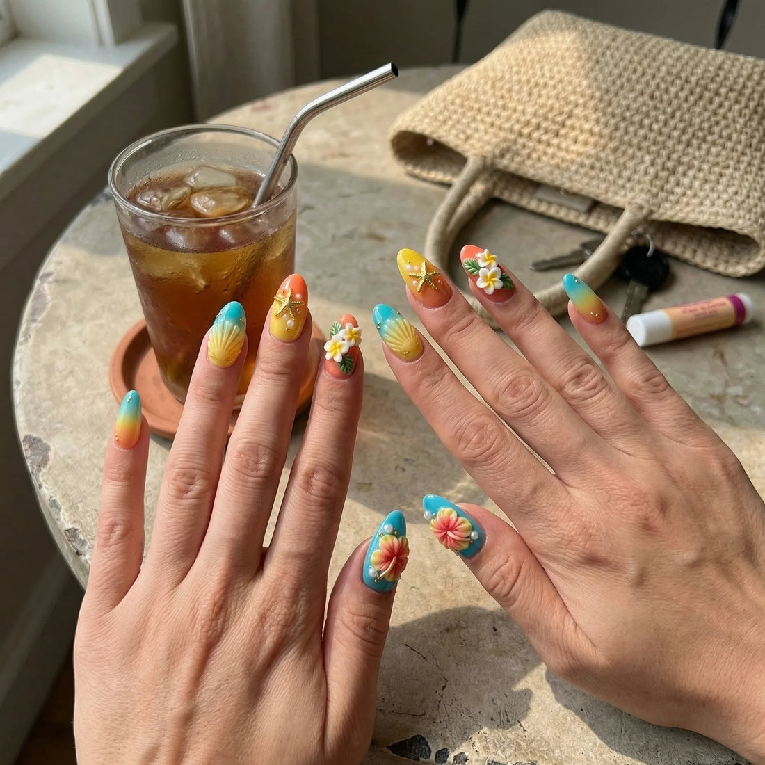 teal 3d almond medium press on nails hibiscus orange seashell lifestyle 02