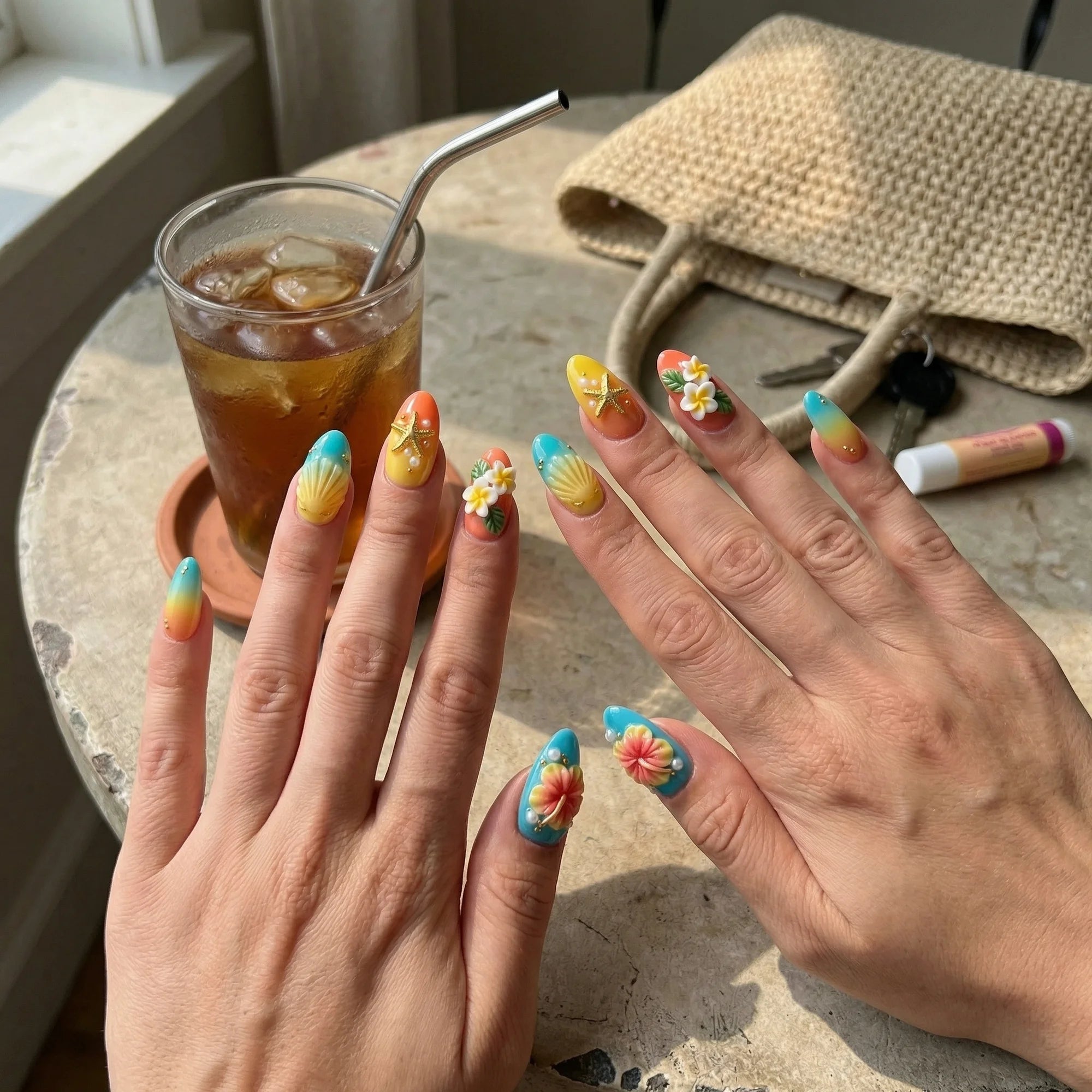 teal 3d almond medium press on nails hibiscus orange seashell lifestyle 02