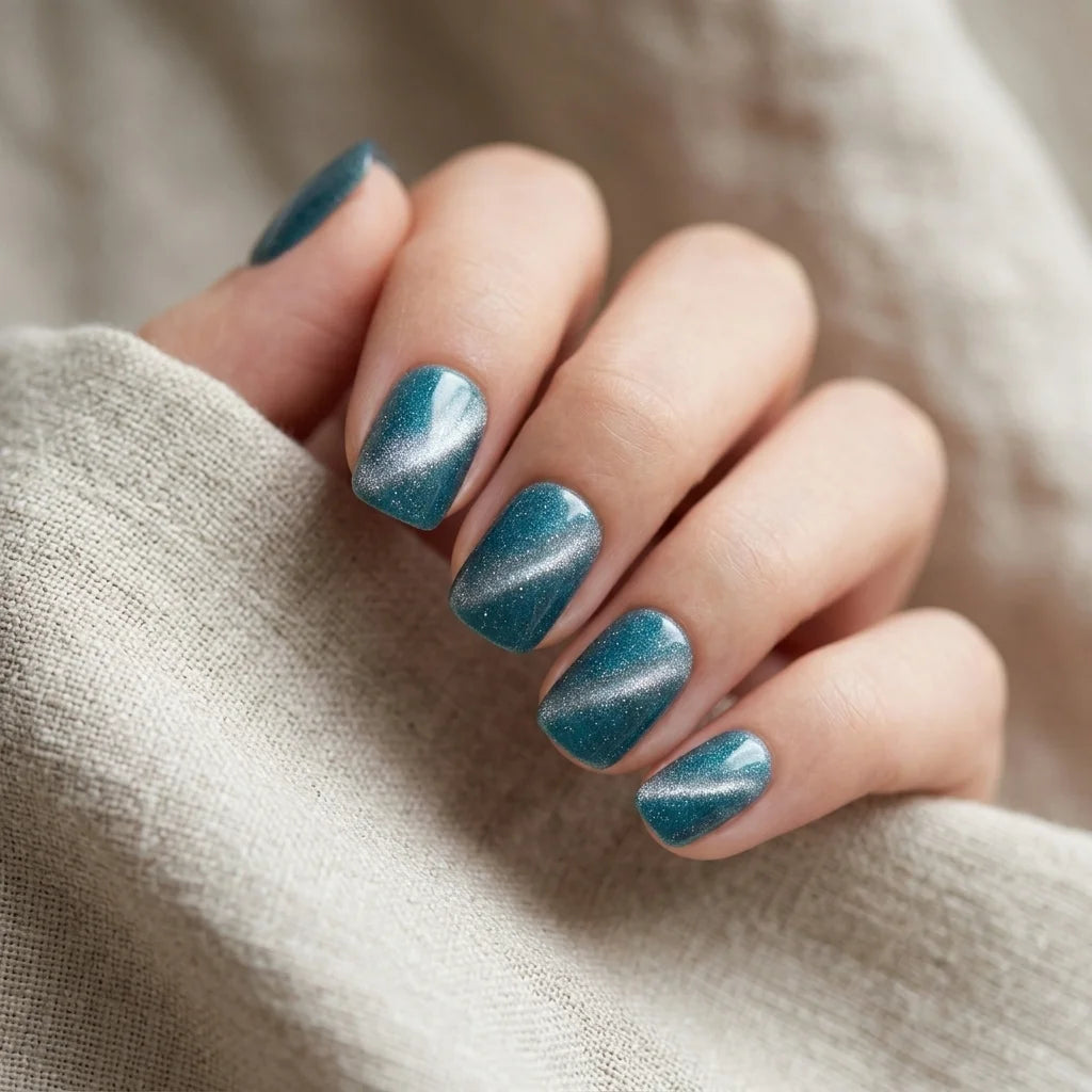 teal cat eye square short press on nails flat lay 03