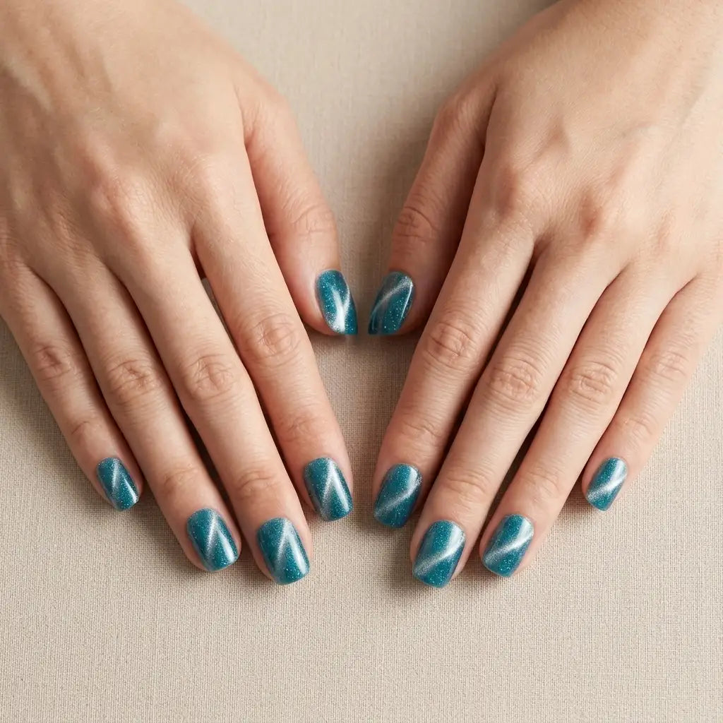 teal cat eye square short press on nails lifestyle 02