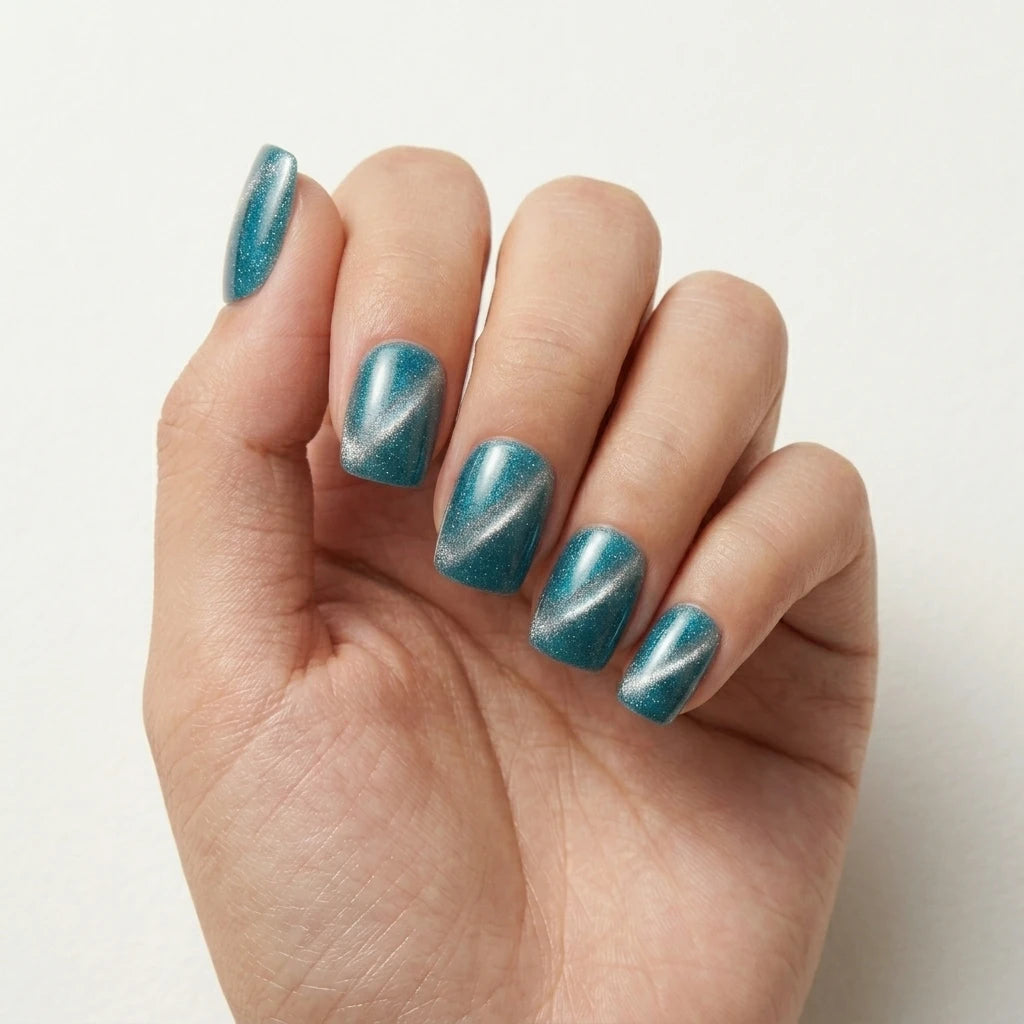 teal cat eye square short press on nails mockup 01