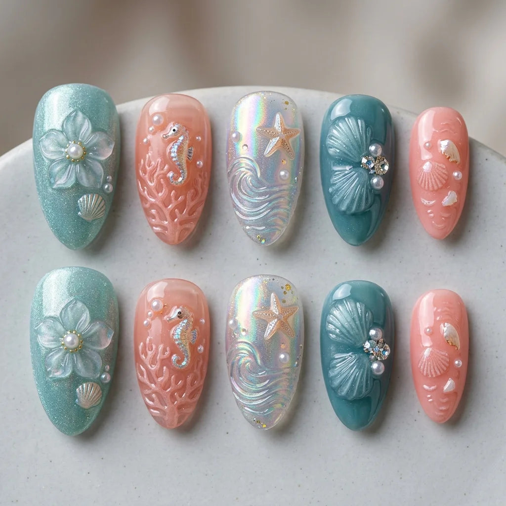 teal holographic 3d charms almond medium press on nails mockup 02
