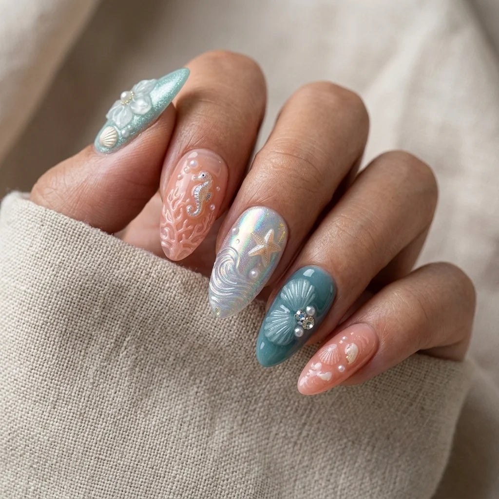 teal holographic almond medium press on nails 3d charms mockup 01