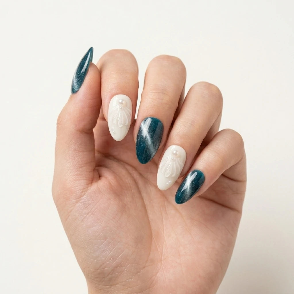 teal ivory 3d cat eye almond press on nails seashell pearl lifestyle 02
