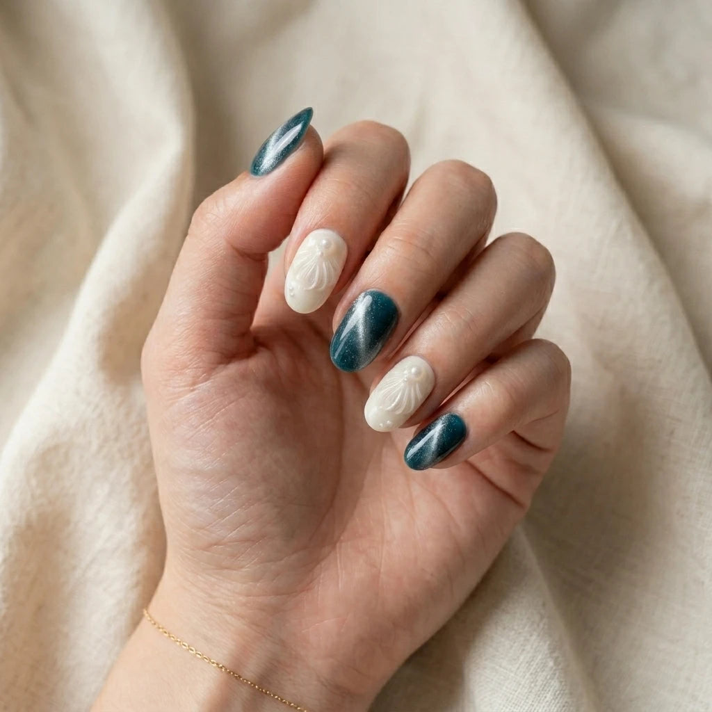 teal ivory 3d cat eye almond press on nails seashell pearl mockup 01