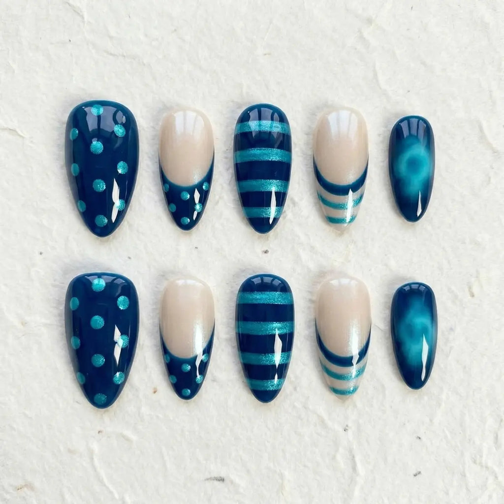 teal marble aura almond press on nails dots stripes mockup 01