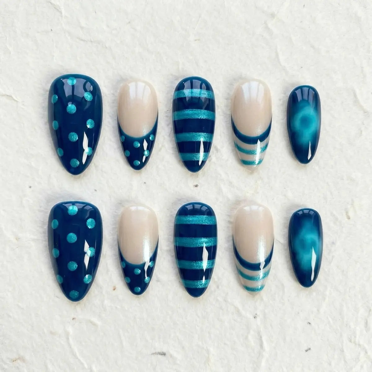 teal marble aura almond press on nails dots stripes mockup 01
