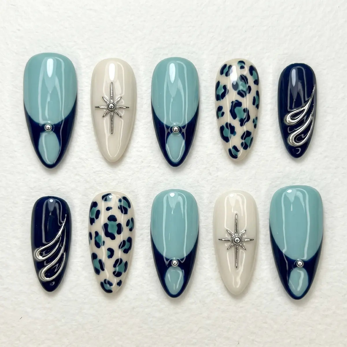 teal navy ivory 3d hand painted almond press on nails leopard swirl star mockup 01