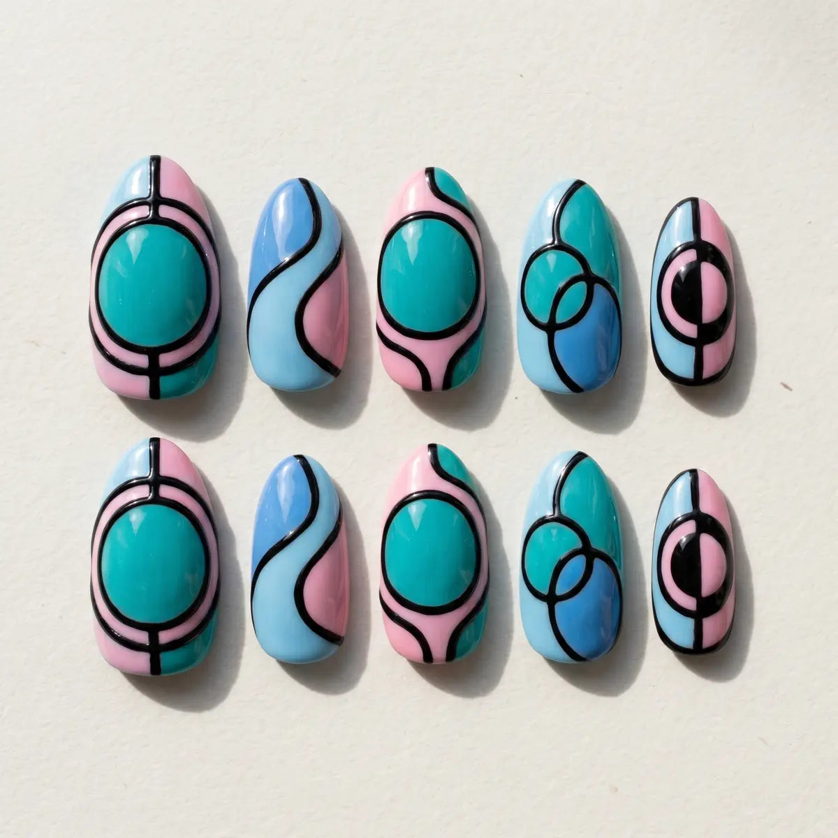 teal pink 3d almond press on nails abstract geometric flat lay 01