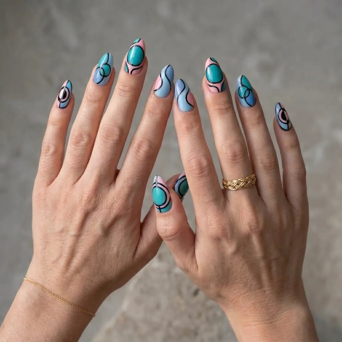 teal pink 3d almond press on nails abstract geometric lifestyle 01