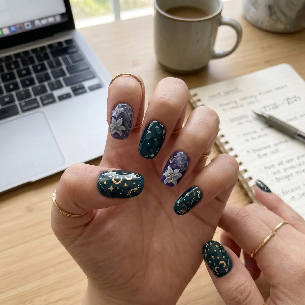 teal purple 3d oval short press on nails gold star moon flower detail 03