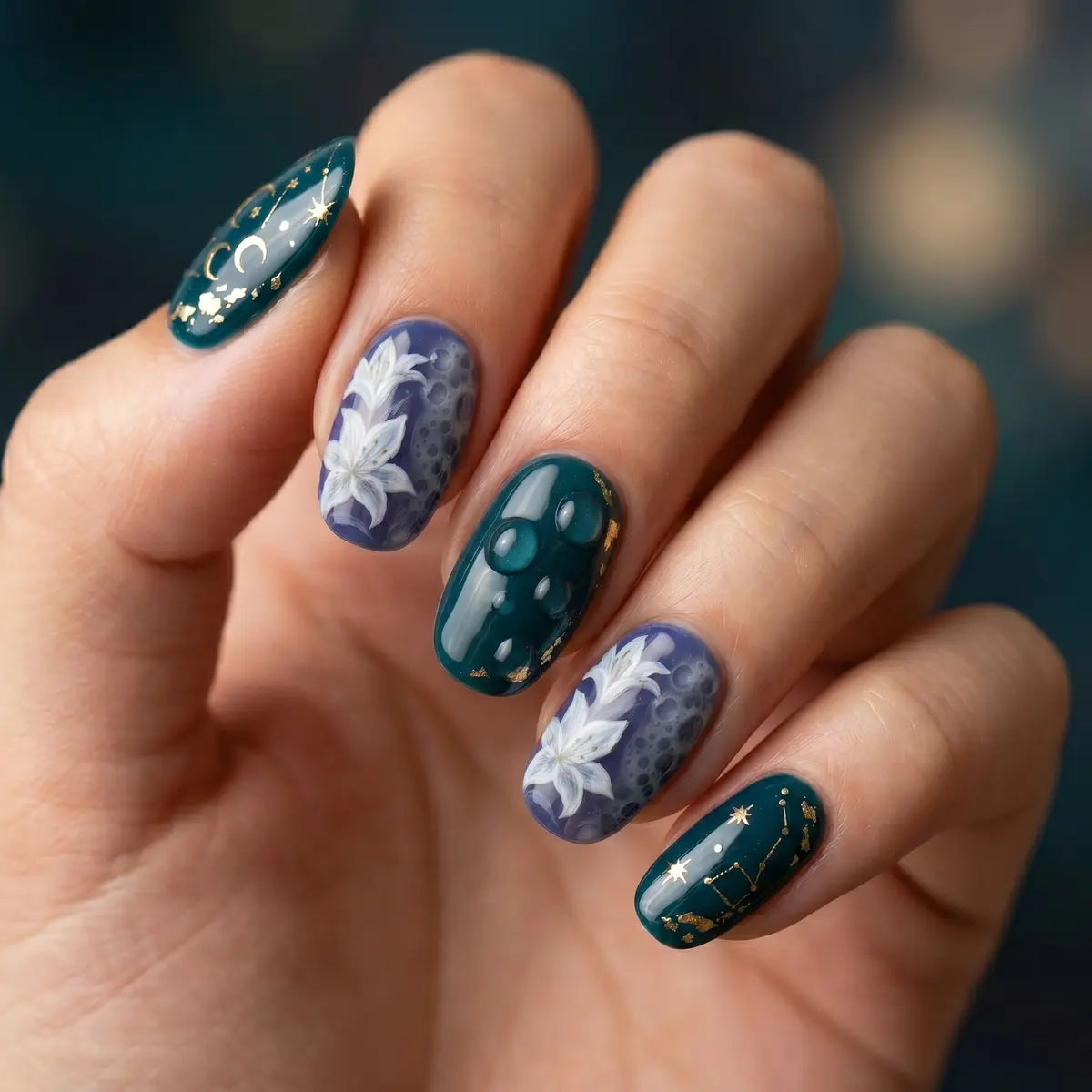 teal purple 3d oval short press on nails gold star moon flower lifestyle 02