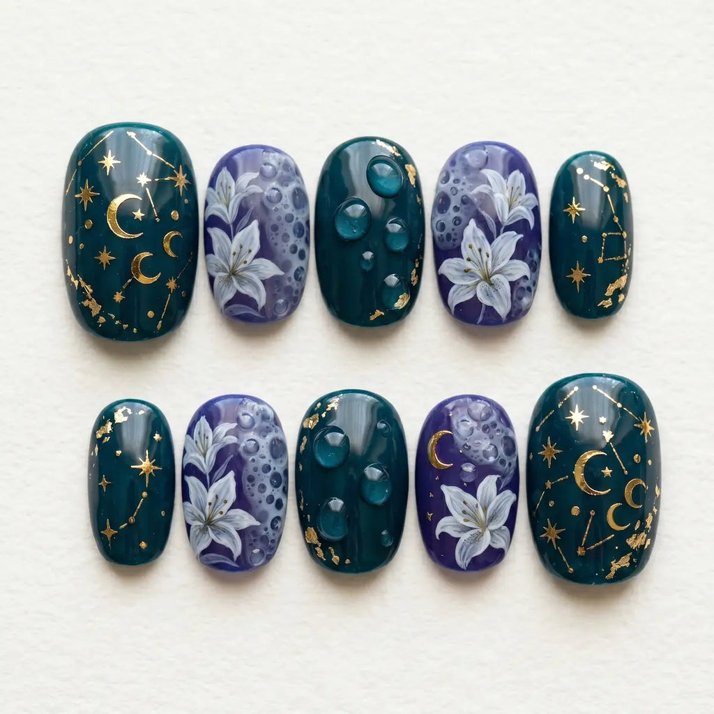 teal purple 3d oval short press on nails gold star moon flower mockup 01