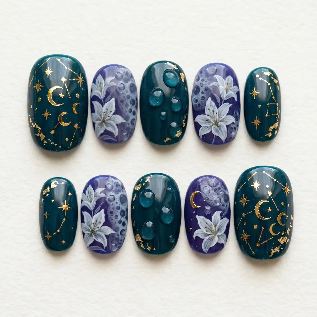 teal purple 3d oval short press on nails gold star moon flower mockup 01