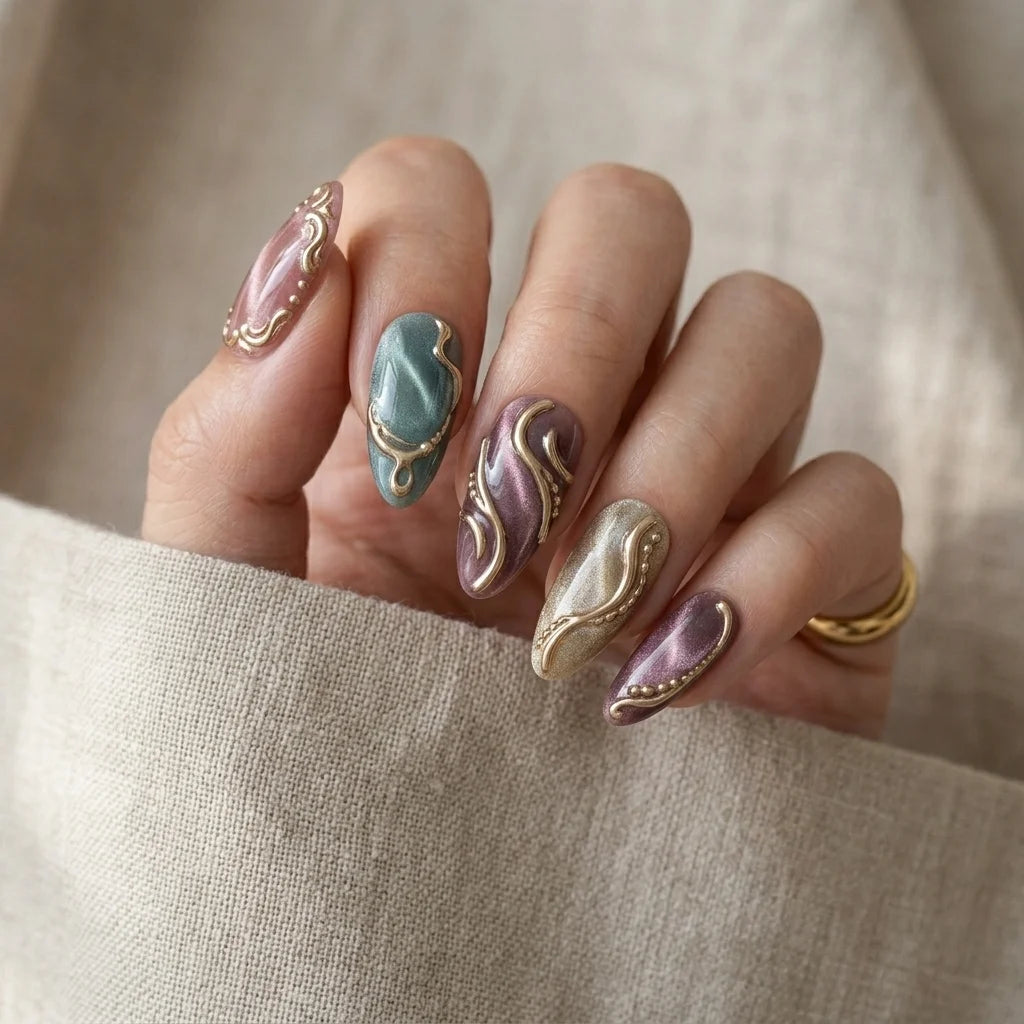 teal purple cat eye almond medium press on nails galaxy mockup 01