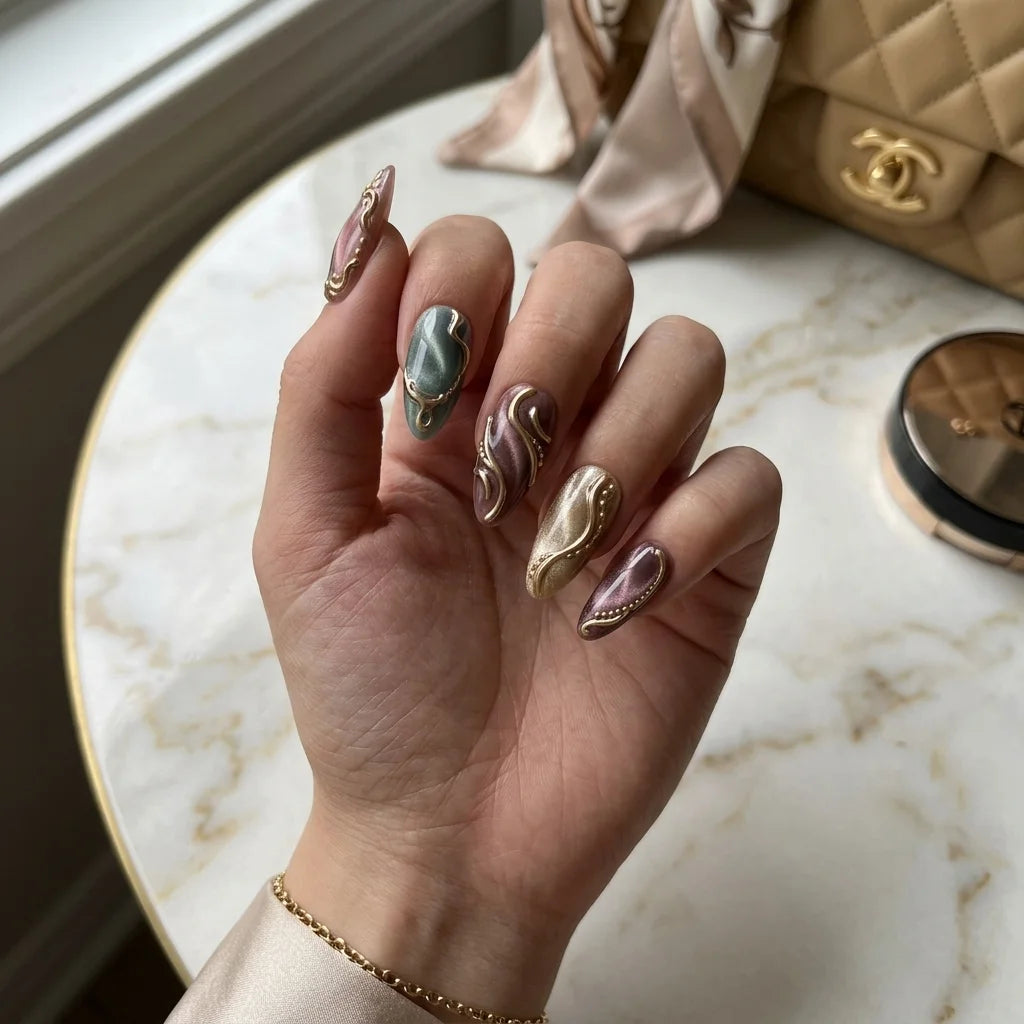 teal purple cat eye almond medium press on nails galaxy mockup 02