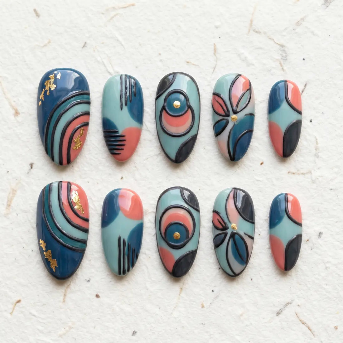 teal salmon 3d almond press on nails abstract geometric mockup 01