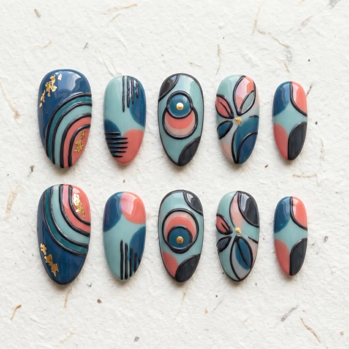 teal salmon 3d almond press on nails abstract geometric flat lay 01