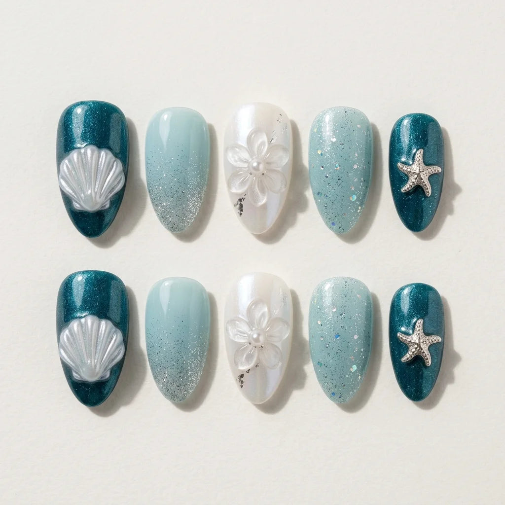 teal silver white 3d ombre ocean almond press on nails seashell starfish flower glitter flat lay 03