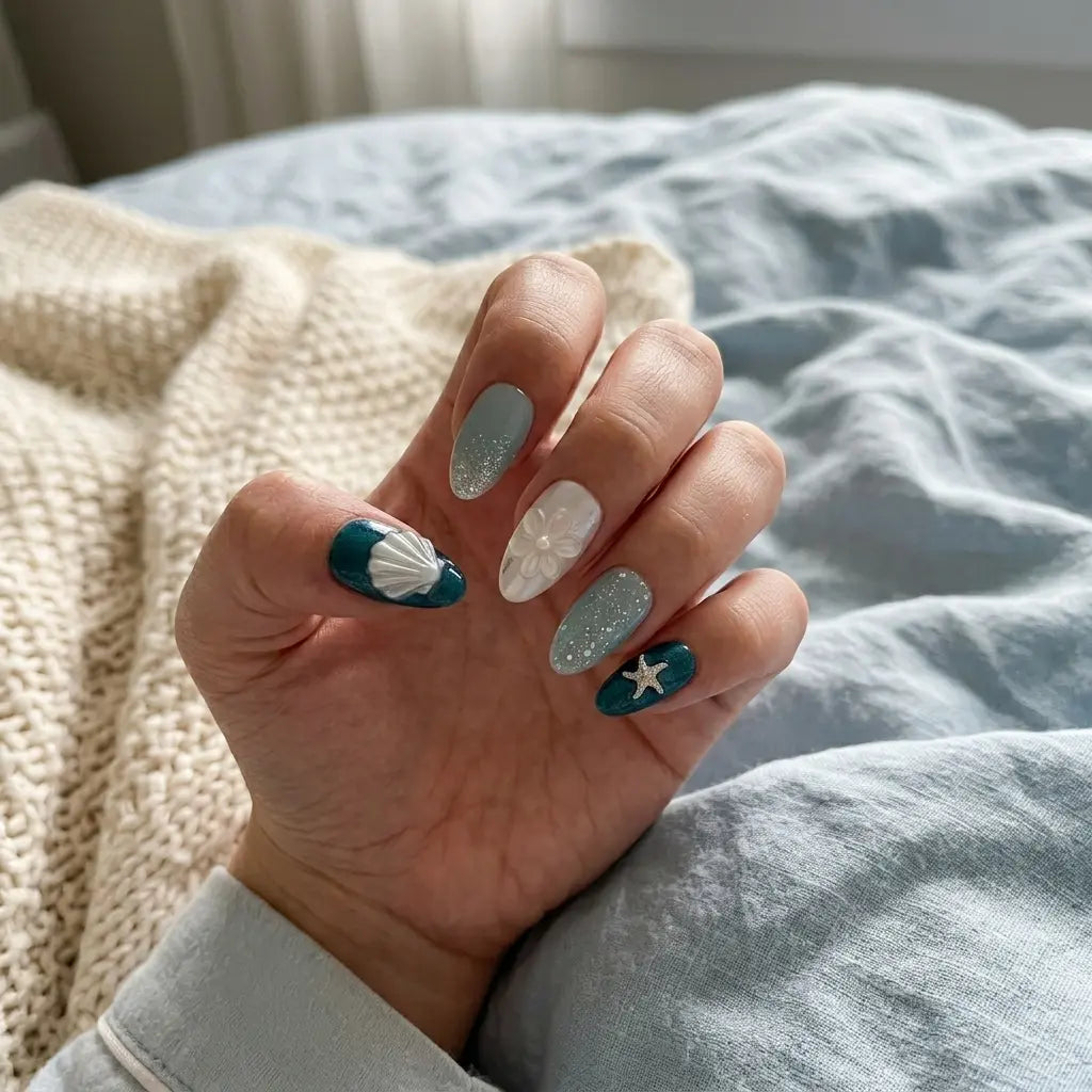 teal silver white 3d ombre ocean almond press on nails seashell starfish flower glitter lifestyle 02