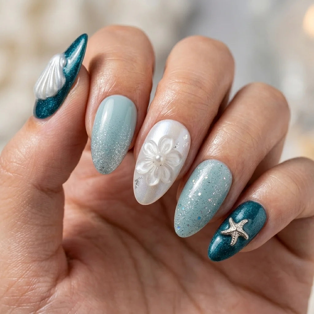 teal silver white 3d ombre ocean almond press on nails seashell starfish flower glitter mockup 01