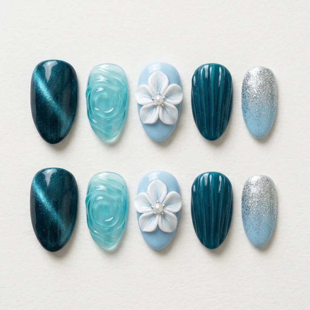 teal sky blue 3d cat eye almond press on nails flower pearl glitter flat lay 03