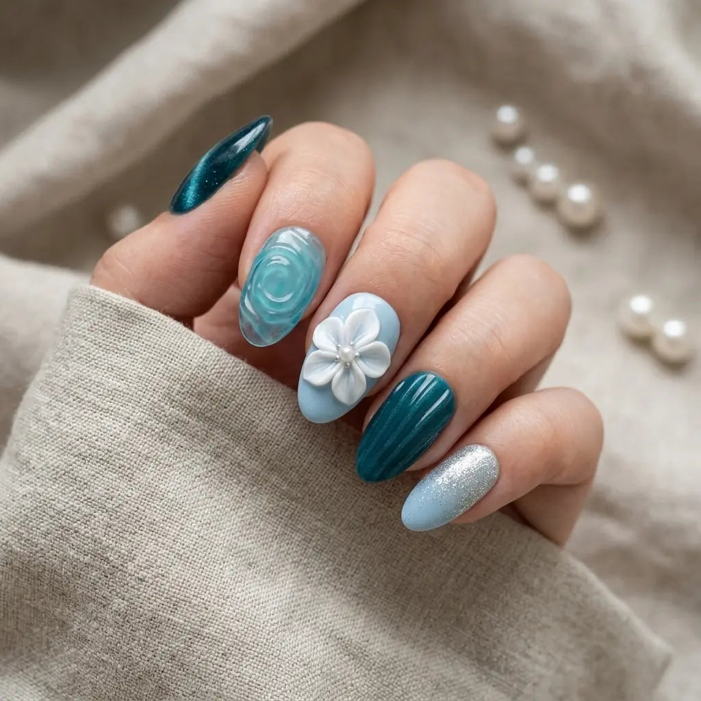 teal sky blue 3d cat eye almond press on nails flower pearl glitter mockup 01