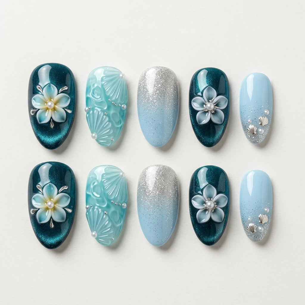 teal sky white 3d cat eye almond press on nails peony bloom seashell pearl detail 05