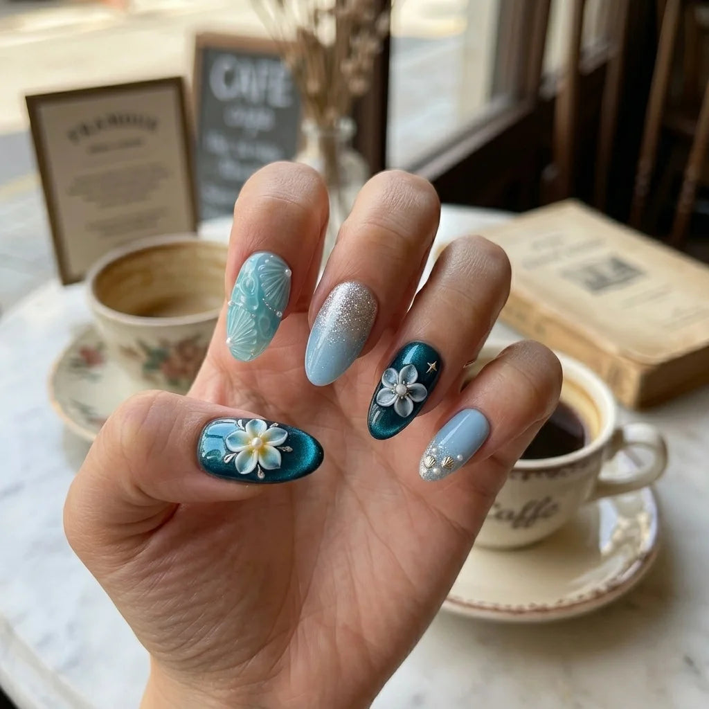 teal sky white 3d cat eye almond press on nails peony bloom seashell pearl lifestyle 04