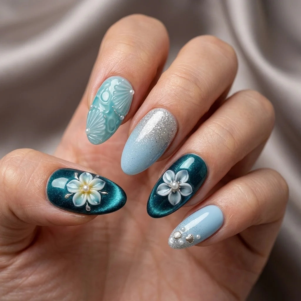 teal sky white 3d cat eye almond press on nails peony bloom seashell pearl mockup 03