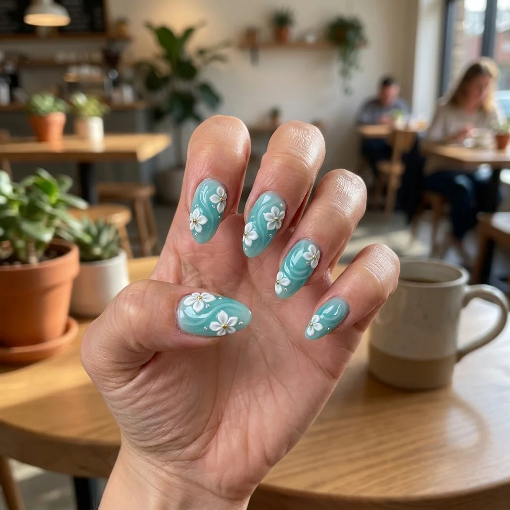 teal white 3d almond press on nails flower wave rhinestone lifestyle 01