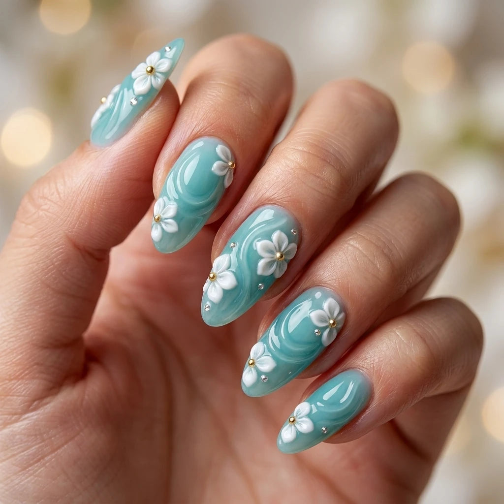 teal white 3d almond press on nails flower wave rhinestone lifestyle 02