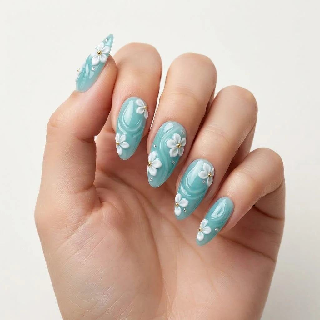 teal white 3d almond press on nails flower wave rhinestone mockup 01