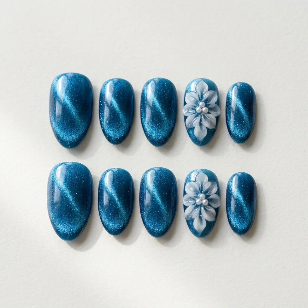 teal white 3d cat eye almond press on nails flower pearl flat lay 04