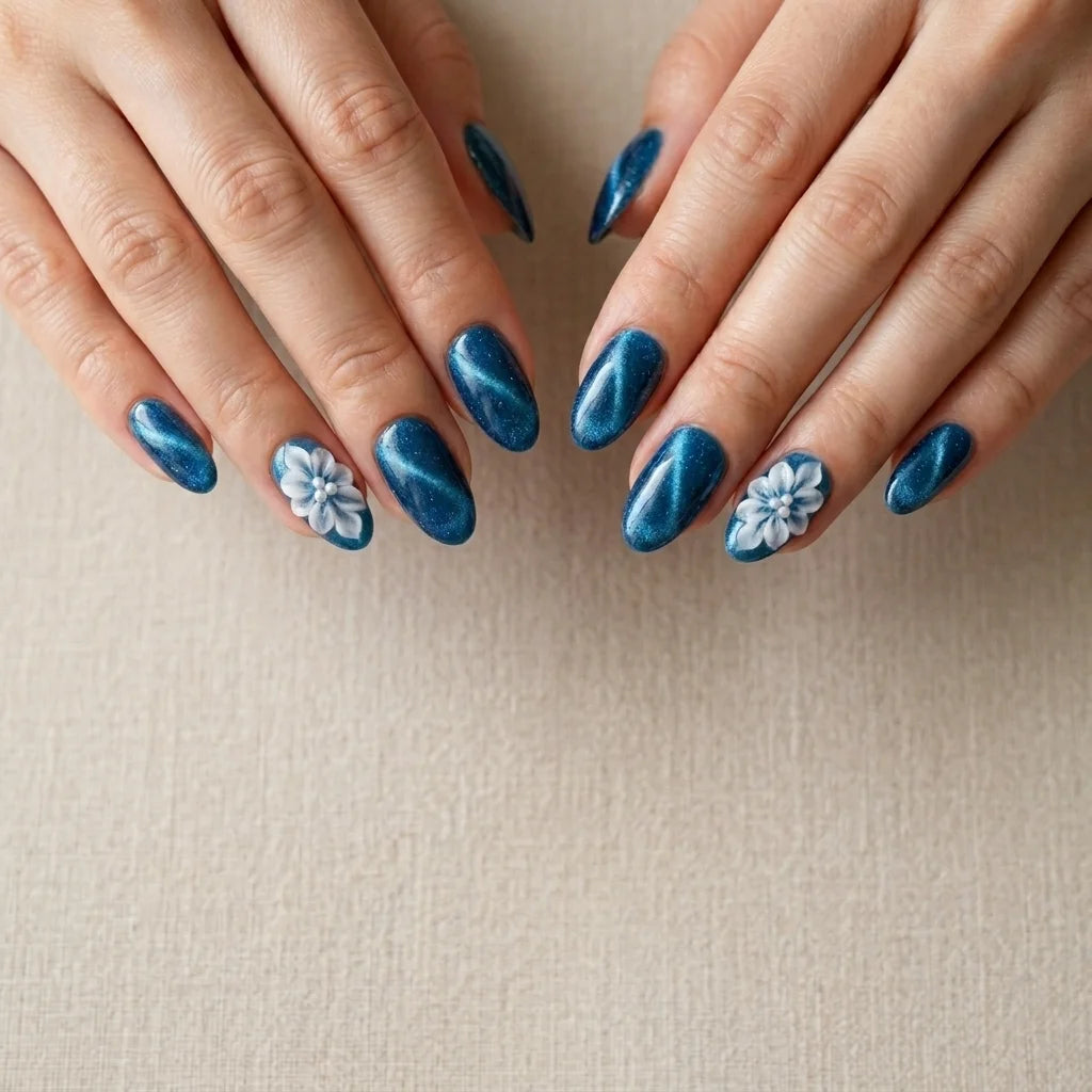 teal white 3d cat eye almond press on nails flower pearl lifestyle 02