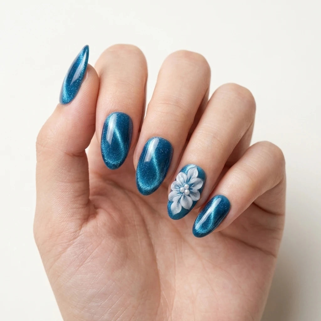 teal white 3d cat eye almond press on nails flower pearl lifestyle 03