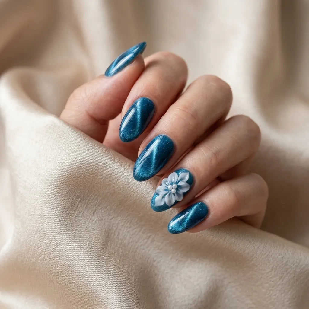 teal white 3d cat eye almond press on nails flower pearl mockup 01