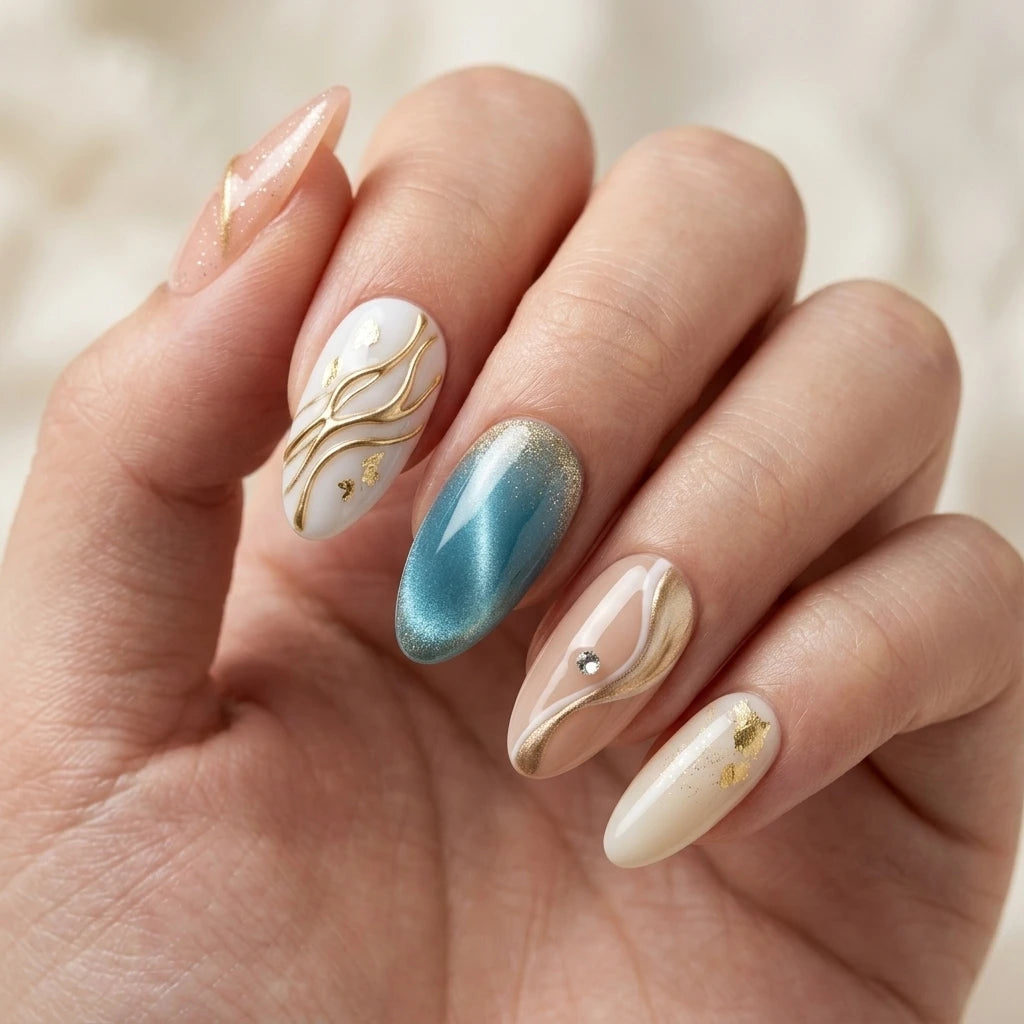 teal white blush 3d cat eye almond press on nails gold foil gem detail 01