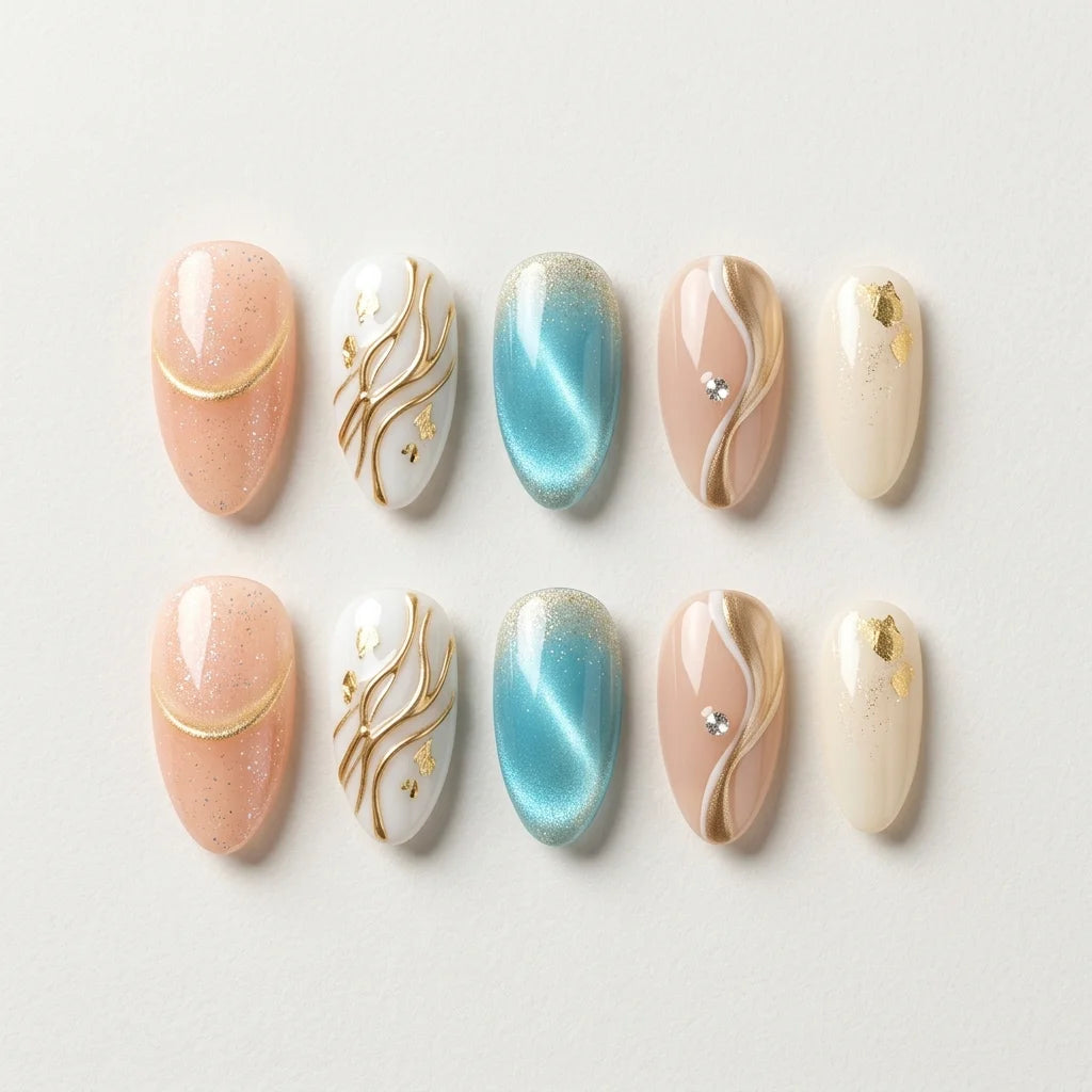 teal white blush 3d cat eye almond press on nails gold foil gem flat lay 01