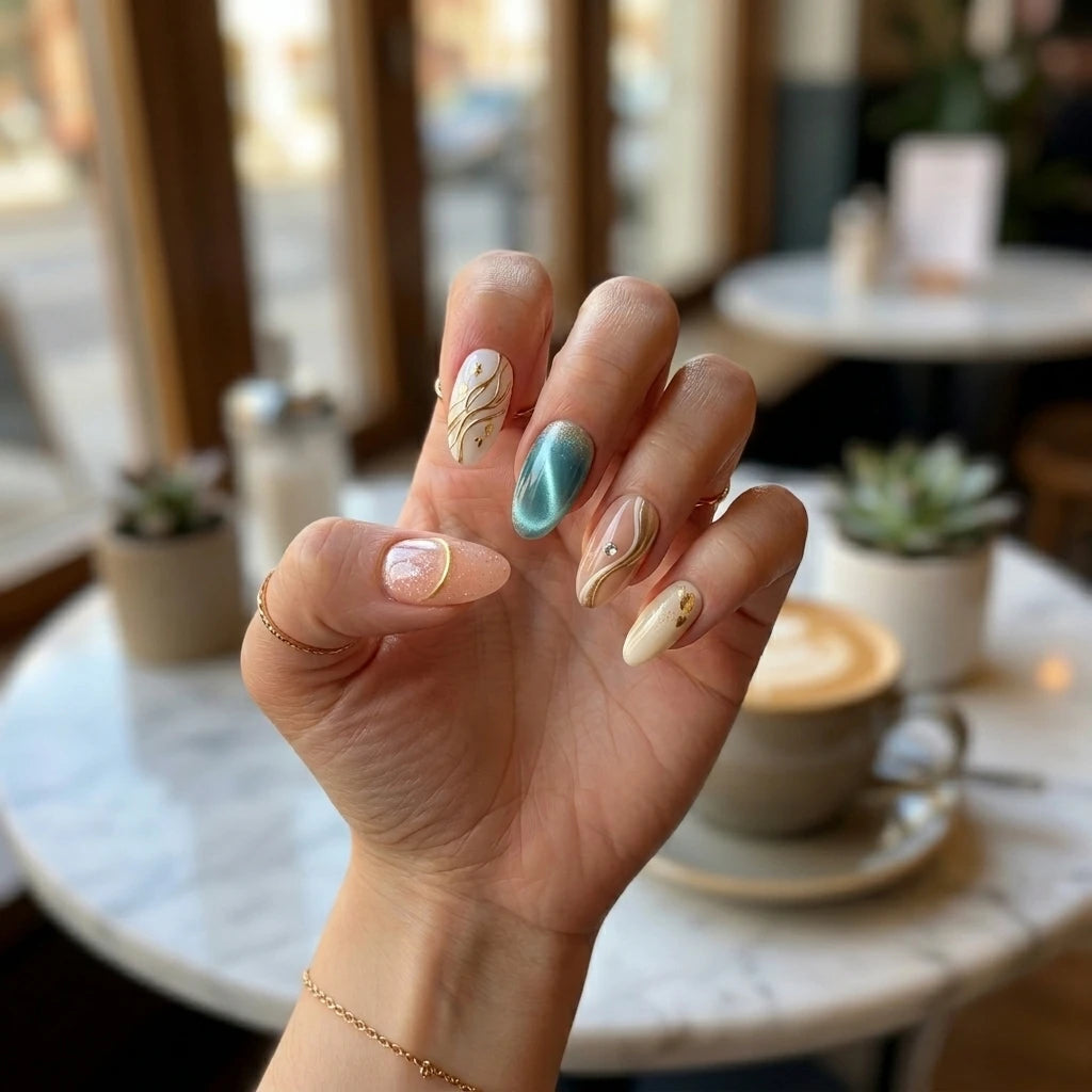 teal white blush 3d cat eye almond press on nails gold foil gem lifestyle 01