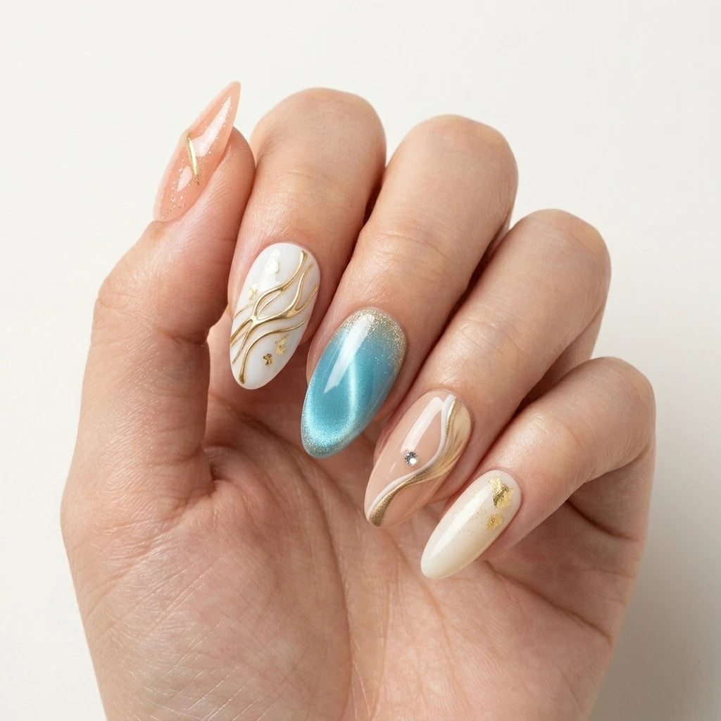 teal white blush 3d cat eye almond press on nails gold foil gem mockup 01