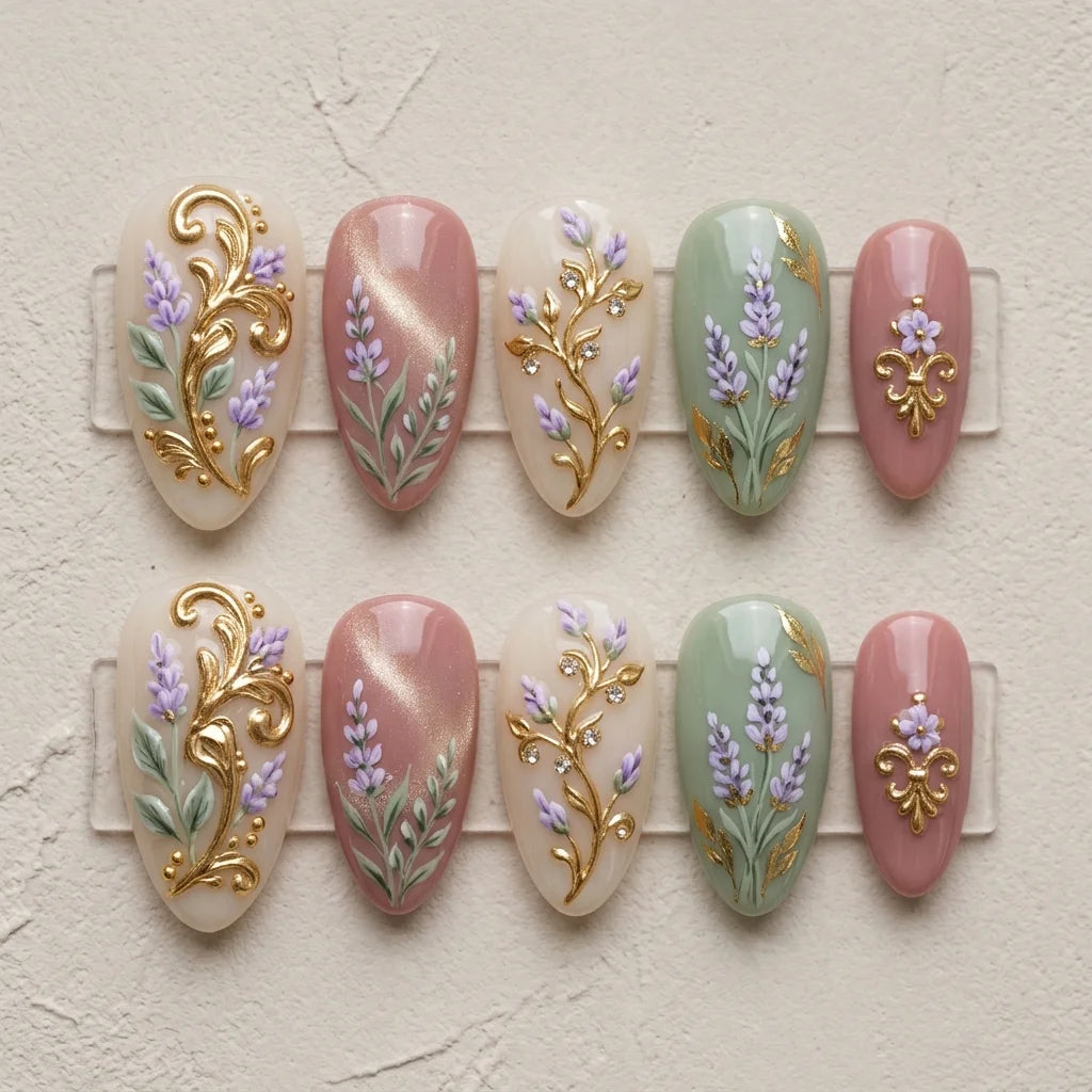 terracotta green almond medium press on nails lavender flat lay 01