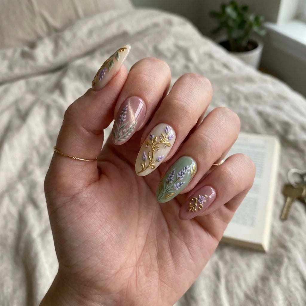 terracotta green almond medium press on nails lavender mockup 01