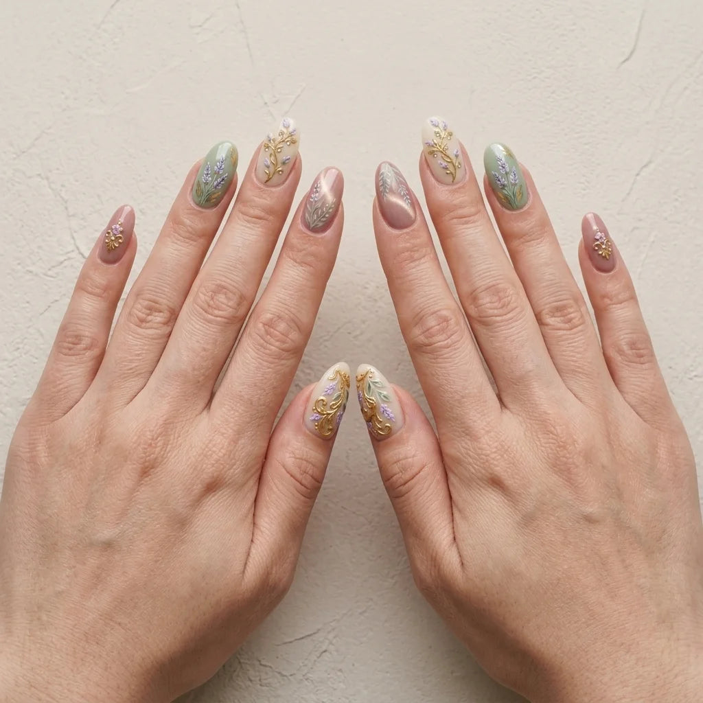 terracotta green almond medium press on nails lavender mockup 03
